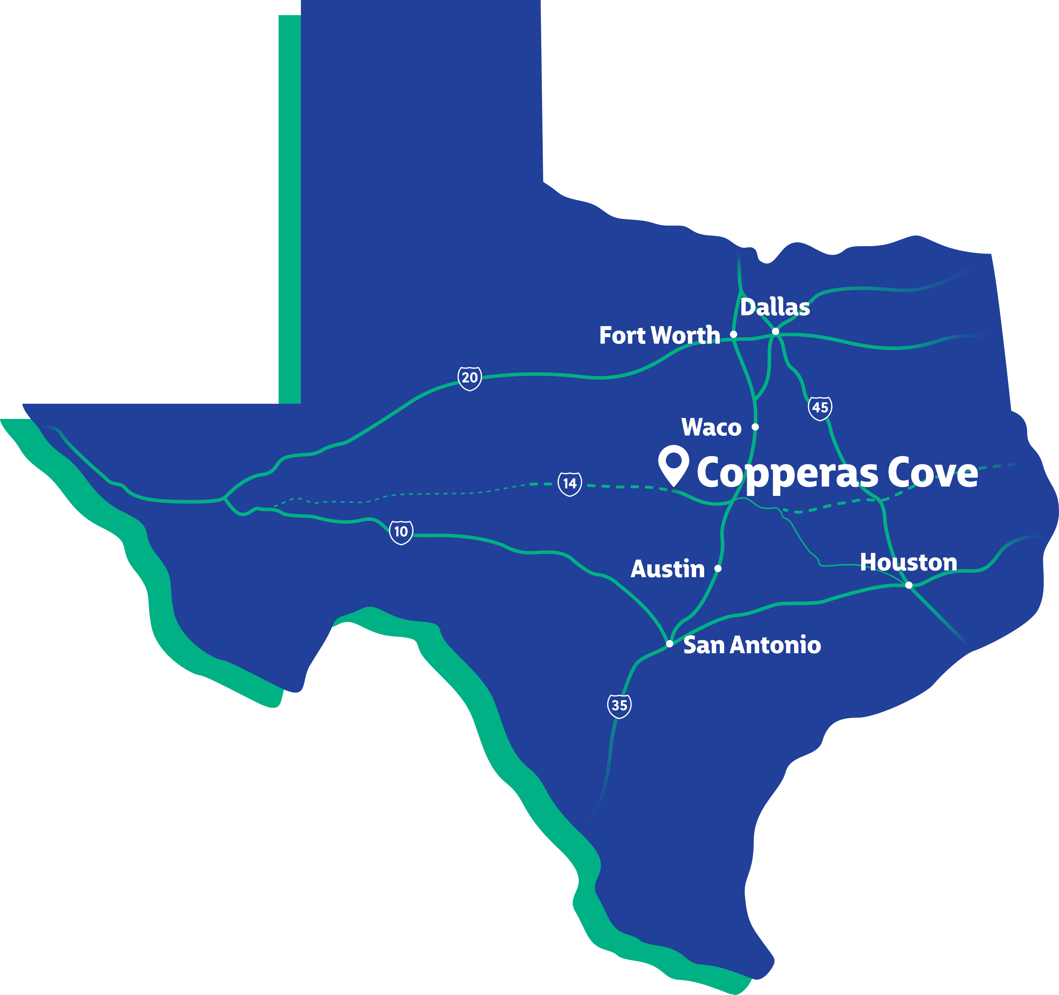 Map of Texas w Copperas Cove centered